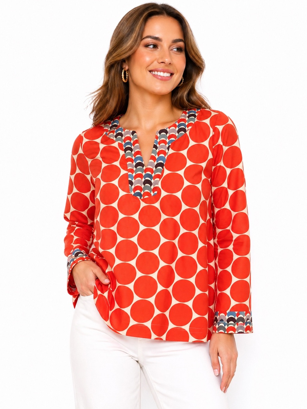 Boden Size 6 Red Orange Mixed Pattern Polka Dot Women's Top Tunic